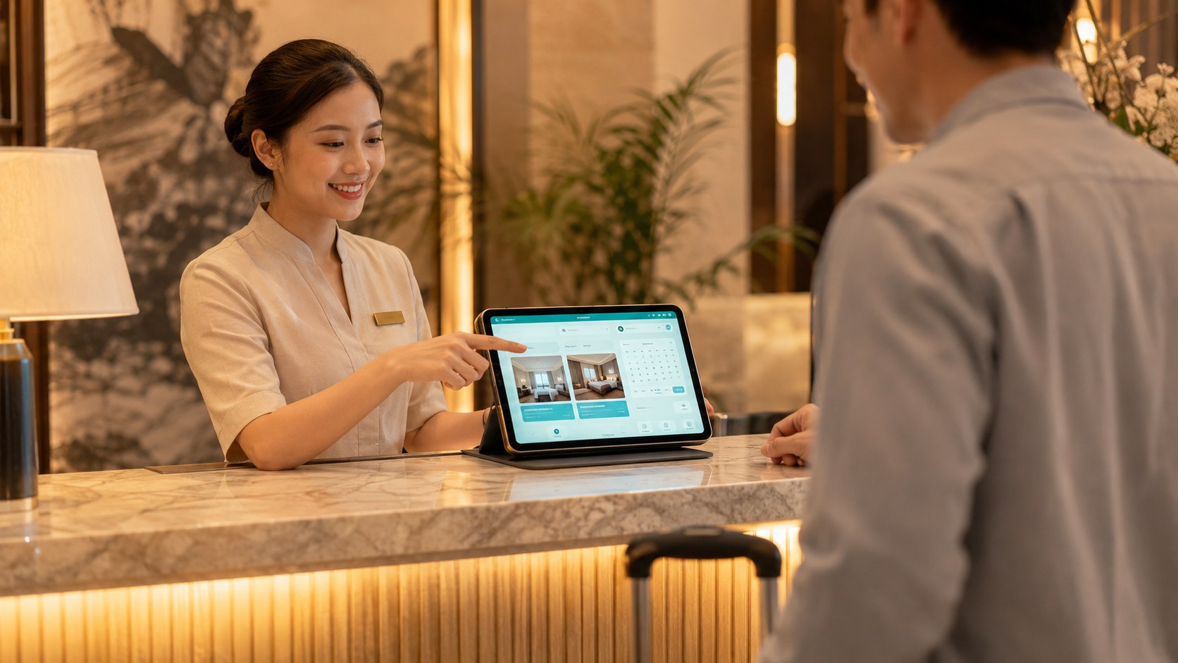 Modern boutique hotel front desk running mHMS