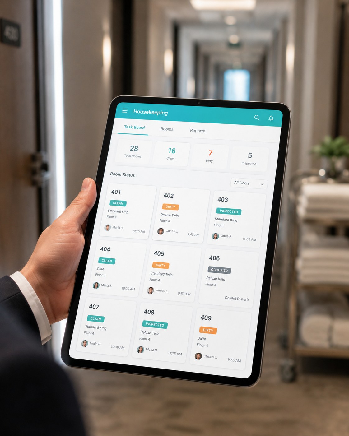 Housekeeping task dashboard on a tablet